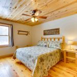 Second Story Bedroom with Quilted Queen Bed and Wood Floor, Ceiling, and Furniture
