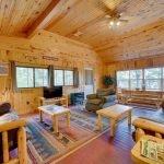 Rustic Cabin Living Area with Two Futons, a Tv and Fireplace. Has Wood Floors, Walls, and Ceiling
