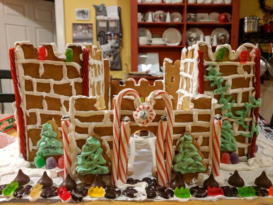 Castle made of gingerbread with candy canes and other candies