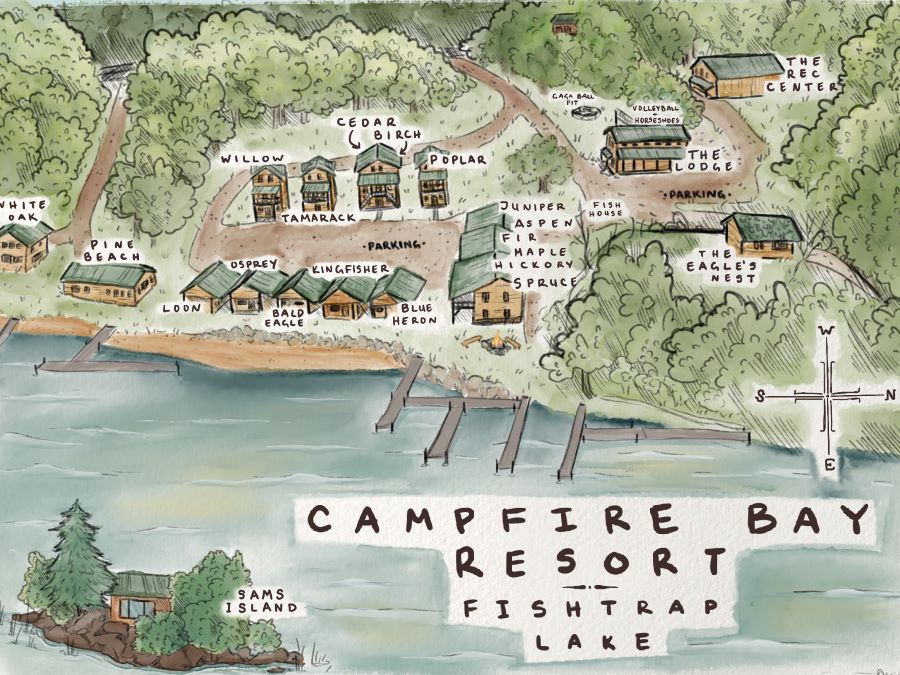 Drawing of Campfire Bay Resort layout near lake