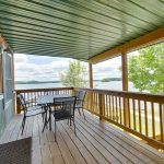 Upper level covered deck of 2br lakeside rental with table and chairs overlooking the lake