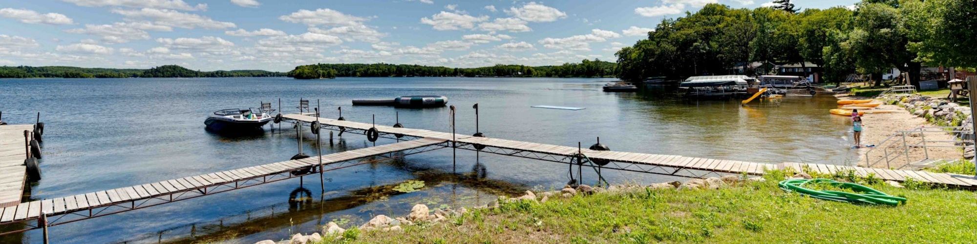 Fishtrap Lake beach and dock view from Campfire Bay Resort