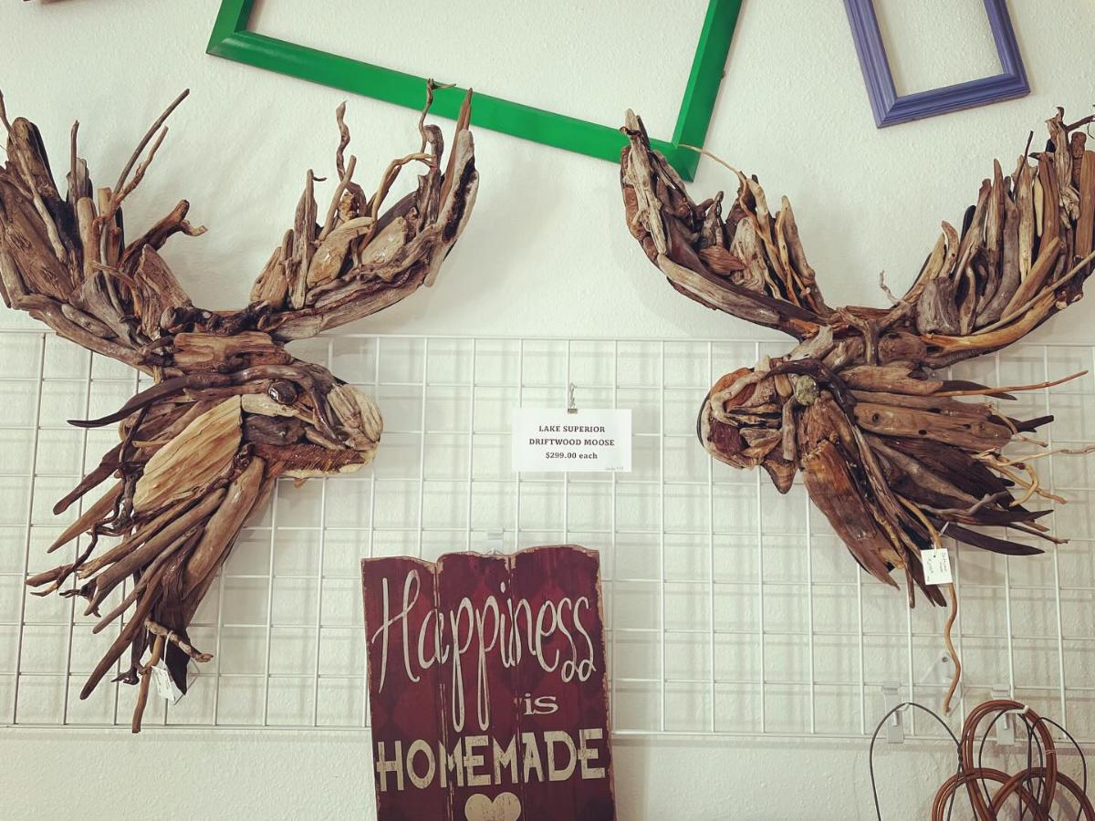 The Mercantile has eclectic merchandise like these moose heads made of driftwood. 