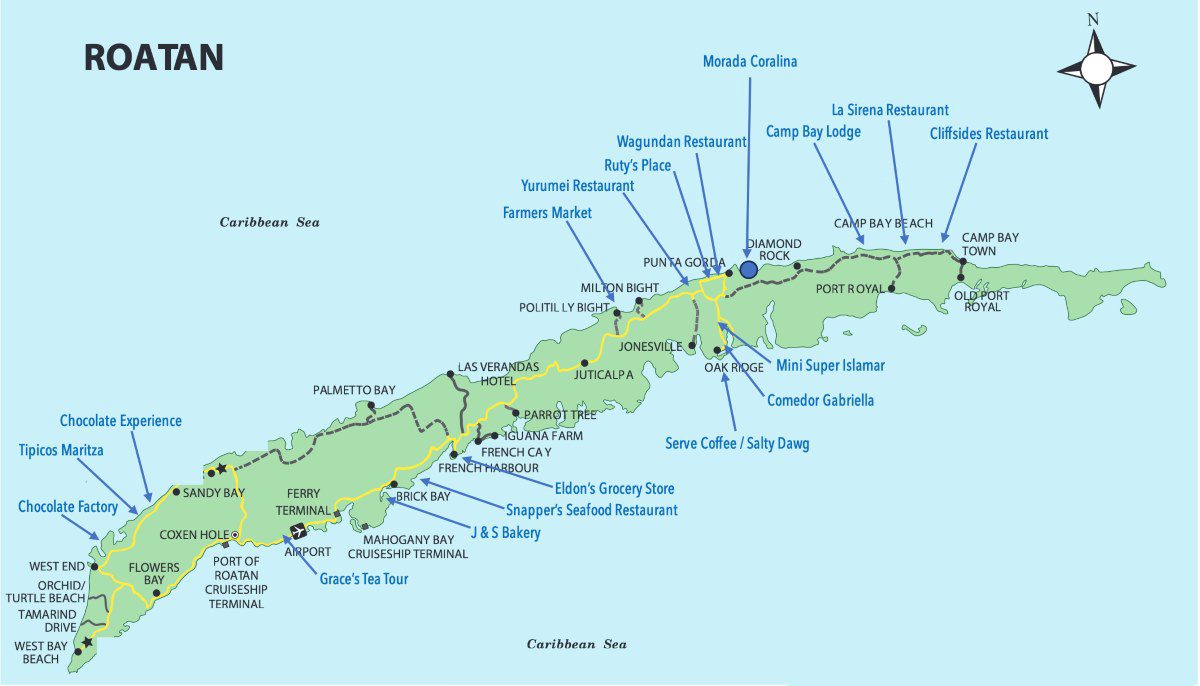 A Colorful Map of Roatan, Honduras with all the best places to eat marked