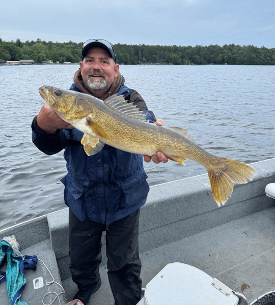 A smiling man holding up a large walleye.
