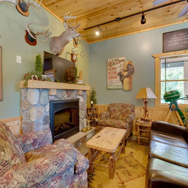 Relax in Campfire Bay's cozy lodge sitting area by the fire while enjoying a latte from our coffee shop